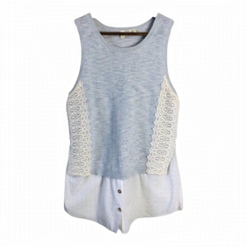 4/$45 MOTH Pale Blue White Sleeveless Crochet Knit Shirt Small